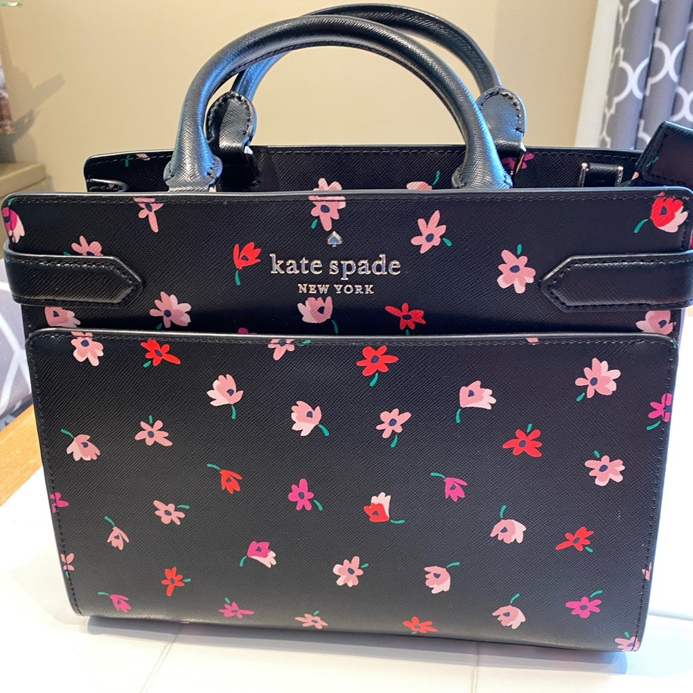 Kate Spade Medium Staci Satchel Black Floral with shoulder strap- gently used